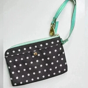 Fossil Polka Dot Wallet Navy Teal White Wristlet Zip Around Tan Lining ID Case